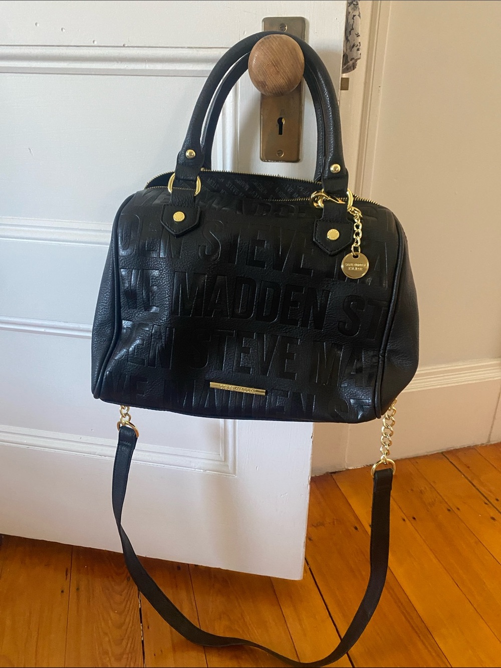 Steve Madden Black Embossed Logo Satchel with Gold Hardware